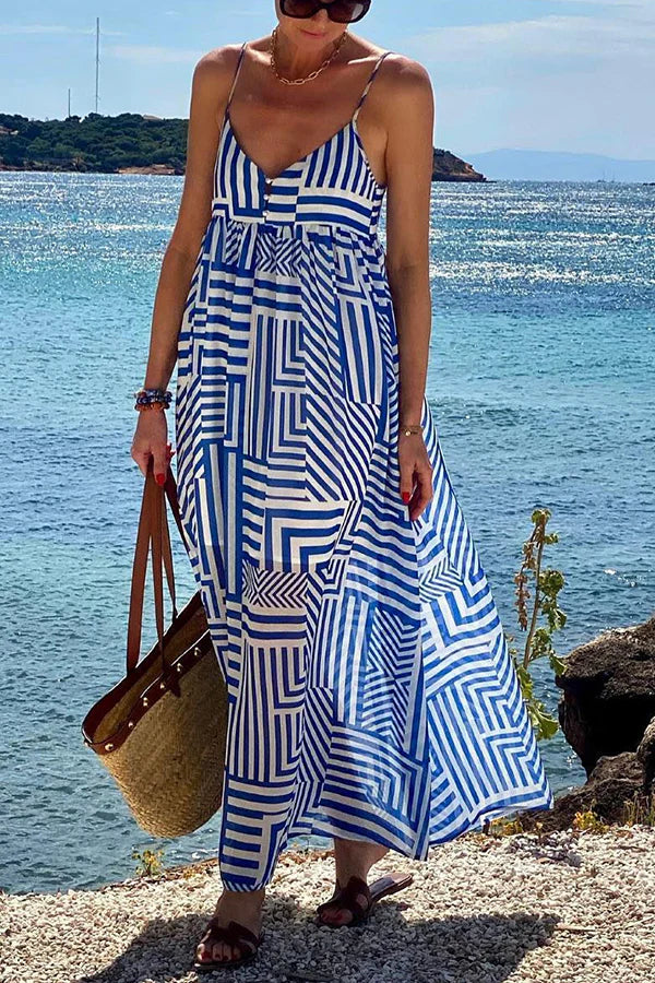 MW | Sunday Blues Unregelmäßige Linien Druck Hosenträger Urlaub Lose Maxi Kleid