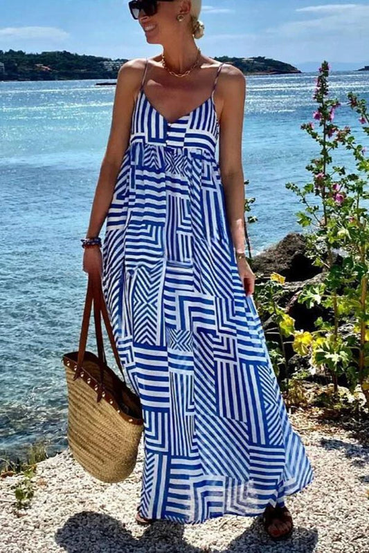 MW | Sunday Blues Unregelmäßige Linien Druck Hosenträger Urlaub Lose Maxi Kleid