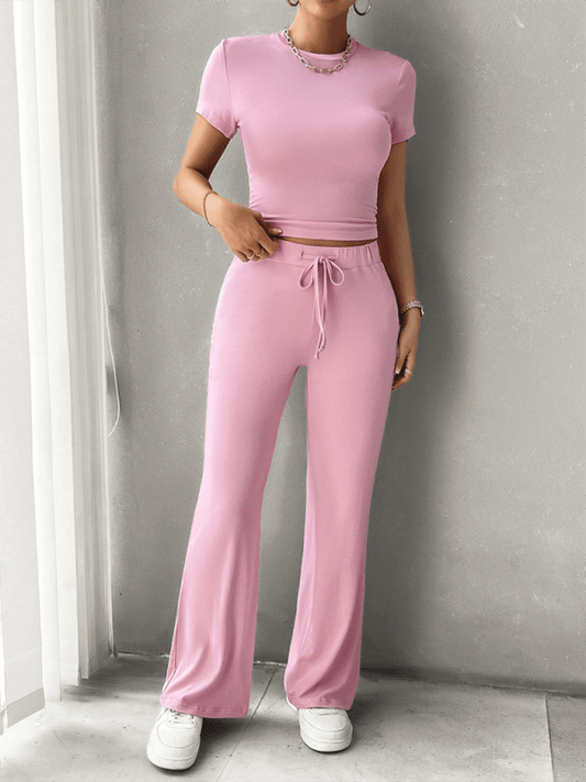 MW | Women's Casual Fitted Crop Top Shirt und Hosenset