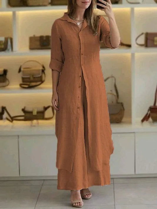 MW | Langes Ensemble mit geknöpftem Maxihemd mit langen Ärmeln und fließender Hose
